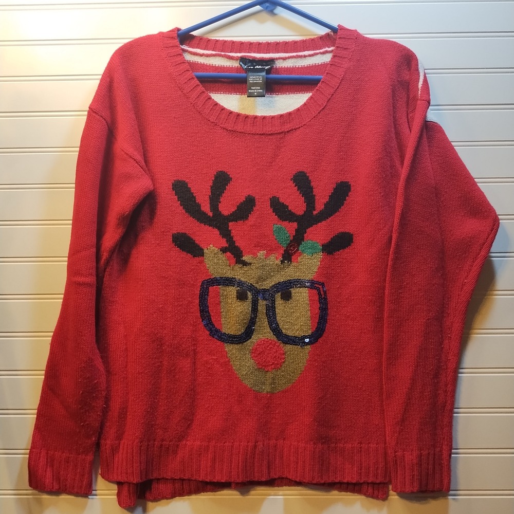Love Always Red Reindeer Sequin Glasses "ugly" Christmas Sweater Size M Holiday